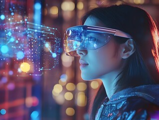 Poster - A woman wearing futuristic glasses explores a digital landscape filled with vibrant lights and holographic displays.