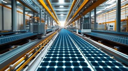 Poster - High-tech factory interior showcasing a modern production line with solar panels, enhancing energy efficiency.