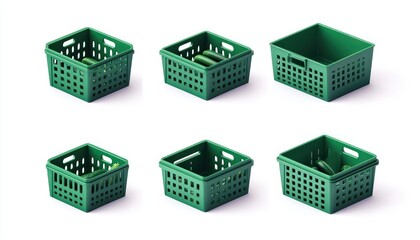Fototapete - Green vegetable crates in 3D, vector mockup with different perspectives.