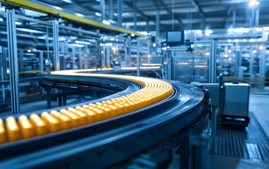 Poster - A dynamic view of an industrial conveyor belt in a modern factory setting, showcasing automated production and efficiency.