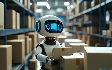 Poster - A futuristic robot organizing boxes in a warehouse, showcasing advanced technology and automation in logistics.