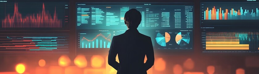 Poster - A professional analyzing data visuals on multiple screens, symbolizing modern business intelligence and strategic decision-making.