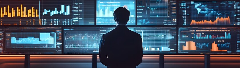 Poster - Professional analyzing data on multiple digital screens in a modern workspace, showcasing technology and business insights.