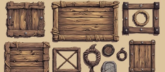 Fototapete - Assorted wooden frames with rope details in a high-resolution vector format.