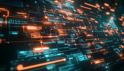Poster - Futuristic digital interface with glowing lines and patterns, representing technology, data flow, and electronic circuits.