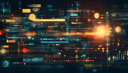 Fototapete - Futuristic digital interface with vibrant lights and data patterns, showcasing technology and innovation in a visually engaging manner.