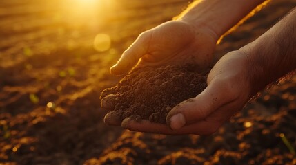 soil in the hands of the farmer. agriculture. close-up of farmers hands holding sun black soil in their hands, fertile land. garden field ground fertile concept. worker holding soil plowed field