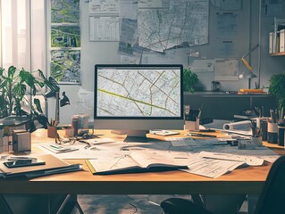 Poster - A modern workspace featuring a computer with a detailed map, surrounded by documents and plants. Ideal for planning and organization.