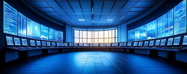Poster - futuristic control room with multiple screens displaying data in a blue-lit environment. ideal for t