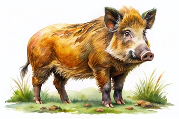 hand drawn watercolor illustration of european wild boar isolated on white background for nature and