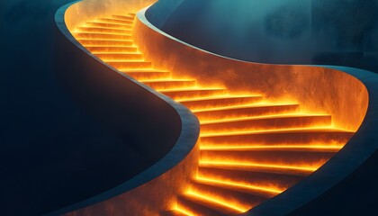 Poster - A stunning staircase illuminated by vibrant orange light, creating a mesmerizing path through a mystical atmosphere.