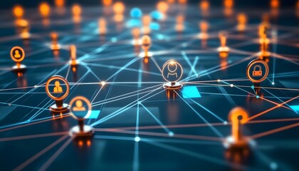 Poster - Abstract network connections with glowing icons, representing digital communication and data security in a modern tech environment.