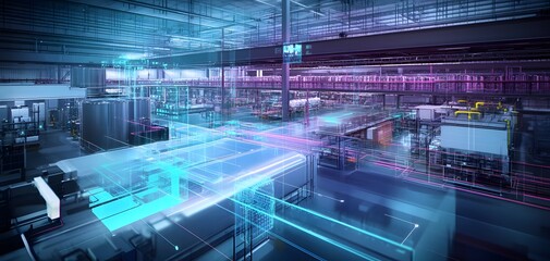 Poster - Futuristic warehouse interior showcasing advanced technology and smart automation in a vibrant, illuminated environment.