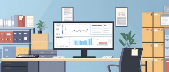 Poster - A modern office workspace featuring a computer displaying graphs, storage boxes, and plants for a productive environment.