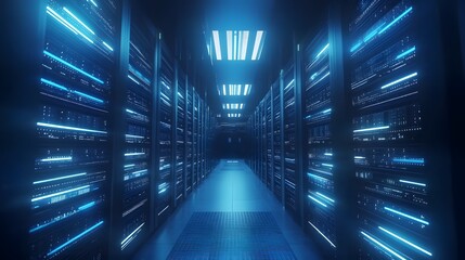 Poster - A futuristic server room illuminated by blue lights, showcasing rows of high-tech equipment and creating a modern digital atmosphere.