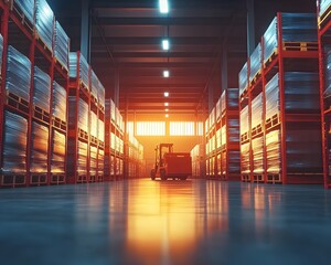 Poster - A well-organized warehouse with sunlight illuminating aisles and shelves filled with storage pallets and machinery.