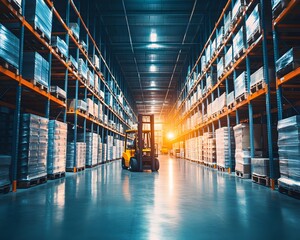 Poster - A modern warehouse with a forklift navigating through tall shelves filled with pallets, illuminated by sunset glow.