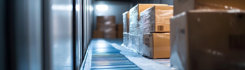 Poster - A long conveyor system lined with boxes ready for shipment, showcasing an organized warehouse environment.