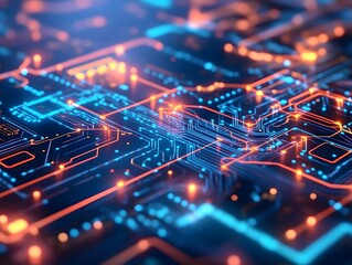 Poster - Futuristic circuit board in vibrant blue and orange colors, showcasing connectivity and technology in stunning detail.