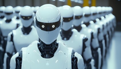 Poster - A row of futuristic robots standing in formation, showcasing advanced technology and design in a modern industrial environment.