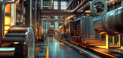 Poster - A vibrant industrial interior showcasing machinery, pipes, and lighting, creating a dynamic and energetic workspace atmosphere.