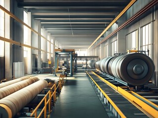 Poster - A modern industrial warehouse showcasing machinery, cylindrical tanks, and organized production layout under bright lighting.