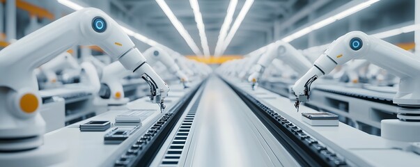 Poster - Futuristic factory showcasing robotic arms working on an automated production line in a modern industrial setting.
