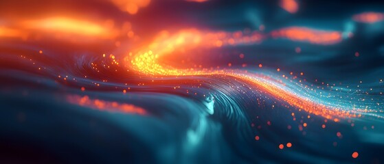 Poster - A mesmerizing abstract landscape featuring vibrant waves of color, glowing particles, and dynamic movement, perfect for digital art.