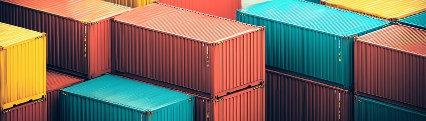 Colorful shipping containers stacked together, showcasing a vibrant industrial scene.