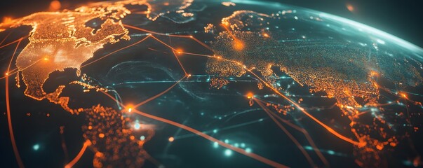 Poster - Stunning visualization of a digital world map with glowing connections, showcasing global networks and data flow.
