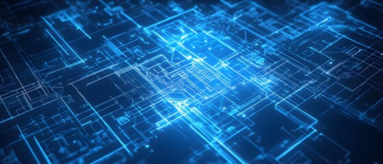 Poster - Futuristic digital design featuring glowing blue lines and intricate patterns, perfect for technology-related projects.
