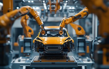 Poster - A vibrant orange car being assembled in a modern factory setting with robotic arms, showcasing advanced manufacturing technology.