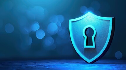 Explore a vivid blue shield with a keyhole, representing cybersecurity in a sleek dark blue bokeh backdrop.