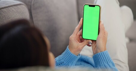 Poster - Relax, green screen and woman on sofa with phone, search and online chat mockup in home. Smartphone, chromakey and girl on couch with scroll on mobile app for social media, connection and networking