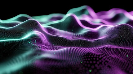 Wall Mural - Abstract Technology Background with Wavy Digital Particles in Teal and Purple