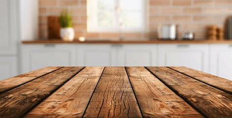 Wall Mural - A sleek wooden table stands empty, set against a blurred kitchen backdrop, highlighting modern interior design.