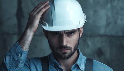 A thoughtful construction worker adjusting his hard hat, contemplating the challenges ahead, against a textured background.