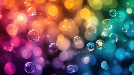 Poster - Floating rainbow-colored bubbles glow softly in a dark space, their light reflections creating a whimsical and joyful atmosphere.