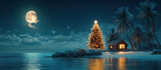 A glowing Christmas tree on a tropical island with a wooden cabin and a full moon in the night sky.