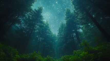 Poster - A view of a starry night sky through the tall trees of a misty forest.