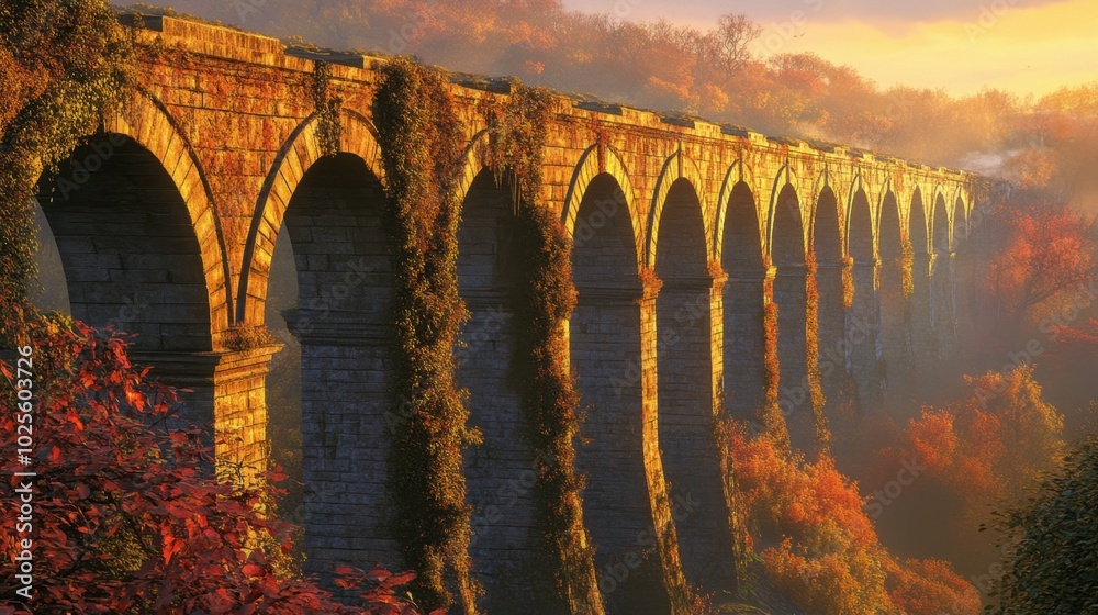 Sunrise gently illuminates the ancient stone arches of a weathered ...