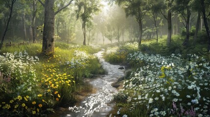 Wall Mural - Tranquil Forest Stream with Wildflowers and Sunlight