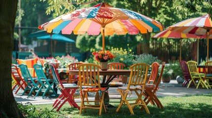 Wall Mural - Colorful Outdoor Seating with Umbrellas in Summer