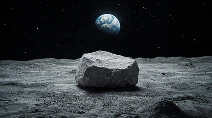 Wall Mural - lone meteorite on lunar terrain with earth in the background
