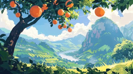 Sticker - Vibrant Orange Orchard in Scenic Landscape