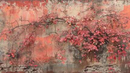 Poster - Red Leaves on Rustic Wall with Faded Texture