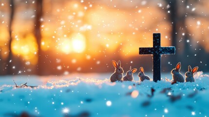 A Christmas cross in a winter wonderland, with a group of bunnies hopping around it.