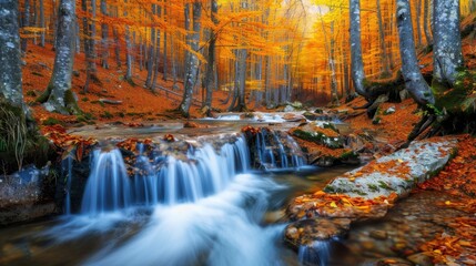 Wall Mural - Serene Autumn Stream in Colorful Forest Landscape