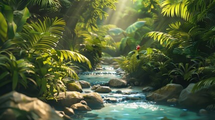 Wall Mural - Serene Jungle Stream with Lush Greenery and Sunlight