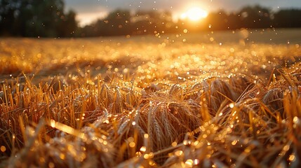 Sticker - Golden Hour Wheat Field with Dew Drops - Nature Photography